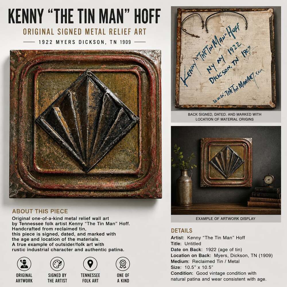 Kenny The Tin Man Hoff Original Signed Reclaimed Metal Relief Wall Art 10.5x10.5